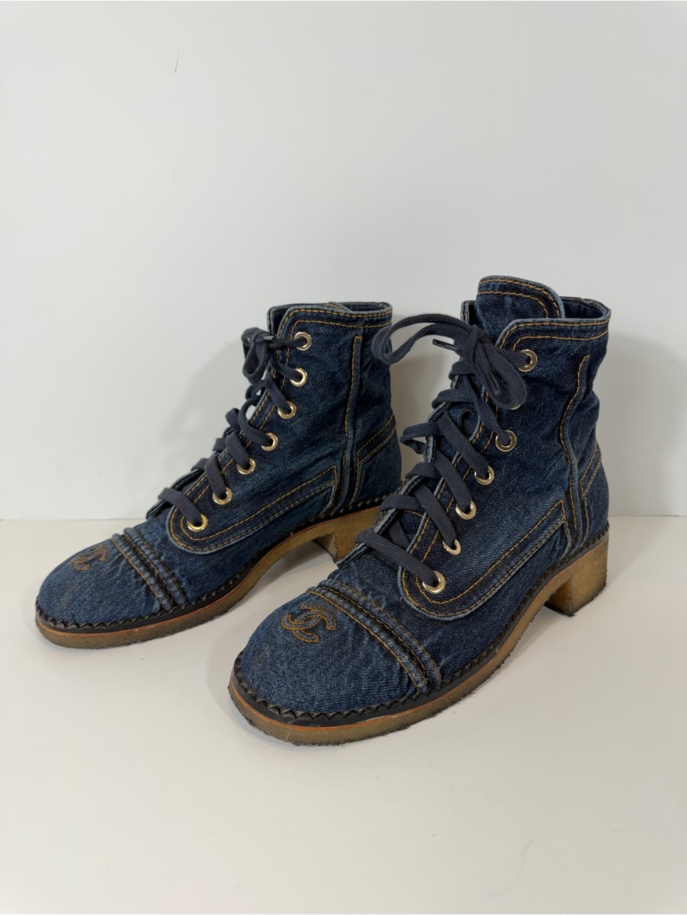 CHANEL Denim Lace Up Ankle Boots CC Logo Size 10 EU 40 Blue Jean Boots - Picture 9 of 13